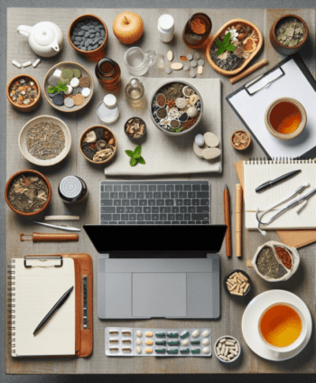 functional and holistic medicine content, an image of a computer with health food and a notepad