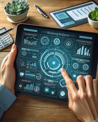 Holistic Marketing Analytics strategies in an image of a tablet with stats on it.